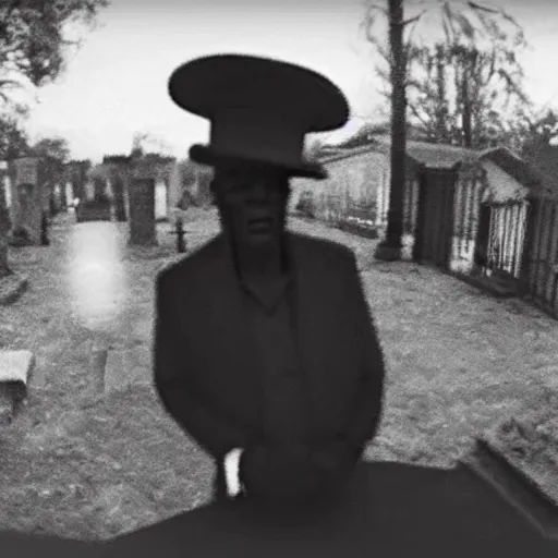 Prompt: cctv security cam grainy black and white footage of baron samedi in an spooky graveyard. baron samedi is looking at the camera.