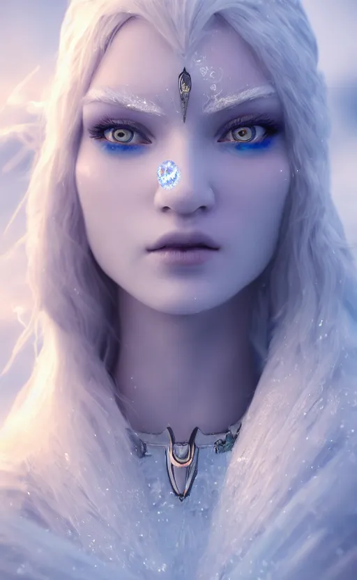 Image similar to ice goddess with beautiful face with a glowing blue crystal on her forehead, frosty white eyes, winter mist around her, white plated armor, pale skin, white smoke, photorealism, octane render, frostbite, 8 k, cinematic, 3 5 mm