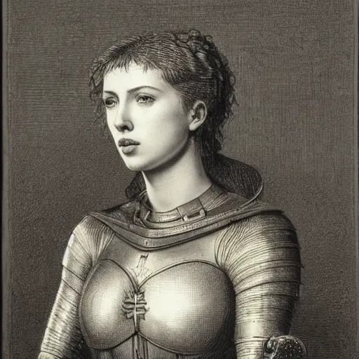 Prompt: engraving portrait of scarlet johansson in medieval armoury by gustave dore