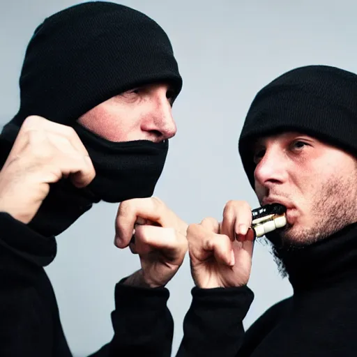 Prompt: two thugs smoking and drinking in the street wearing balaclavas, drum & bass, football hooligans, pressshot