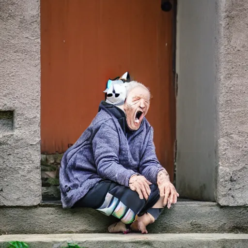 Image similar to elderly woman screaming at a cat, canon eos r 3, f / 1. 4, iso 2 0 0, 1 / 1 6 0 s, 8 k, raw, unedited, symmetrical balance, wide angle