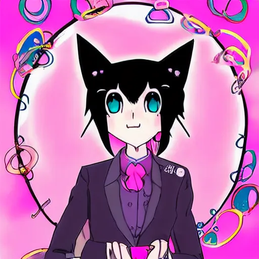 Image similar to digital card art of anime (cat) girl Joe Biden with cat ears surrounded by magic circles. Short hair. Pink hue. Highly detailed. Beautiful