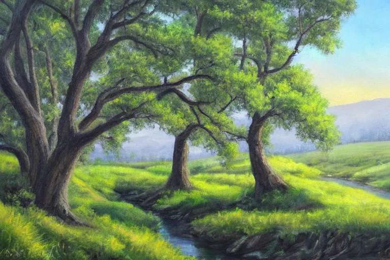 Image similar to masterpiece painting of oak trees on a hillside overlooking a creek, dramatic lighting, by nora collyer