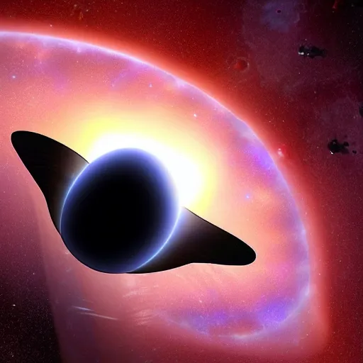 Prompt: a space cruiser leaving the orbit of a giant black hole