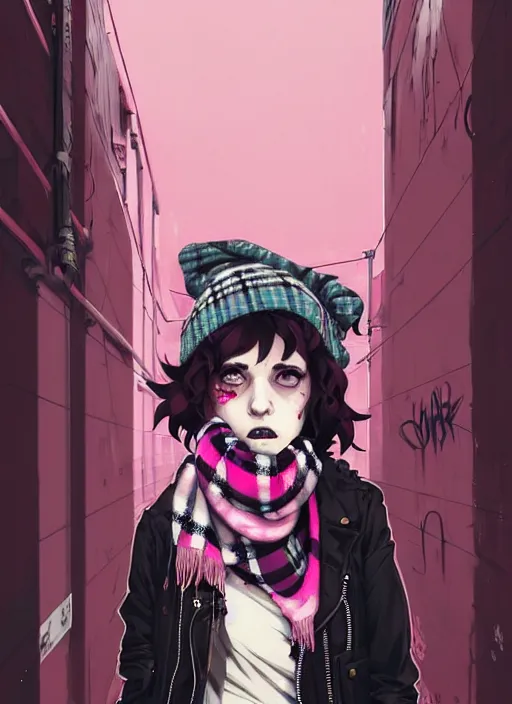 Prompt: highly detailed portrait of a sewer ( ( emo punk ) ) lady student, beanie, pink eyes, tartan scarf, curly hair by atey ghailan, by greg rutkowski, by greg tocchini, by james gilleard, by joe fenton, by kaethe butcher, gradient pink, black, brown and cream color scheme, grunge aesthetic!!! graffiti tag wall background