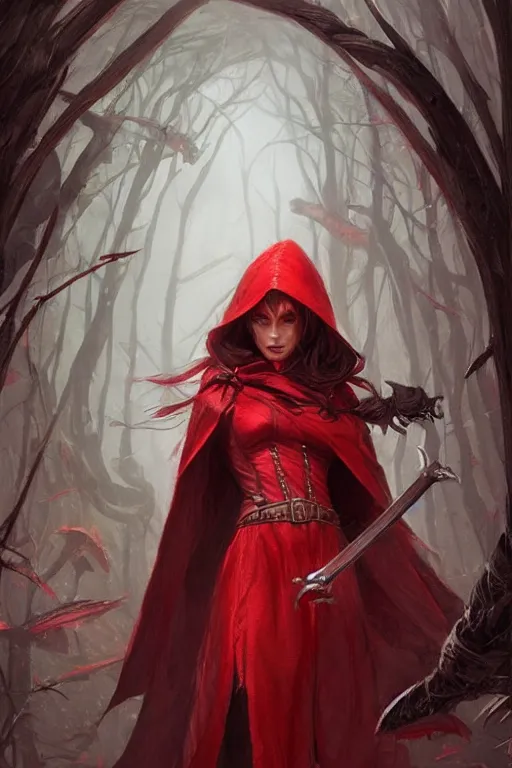 Prompt: amazon red riding hood, d & d, fantasy, highly detailed, digital painting, trending on artstation, concept art, sharp focus, illustration, art by artgerm and greg rutkowski and magali villeneuve