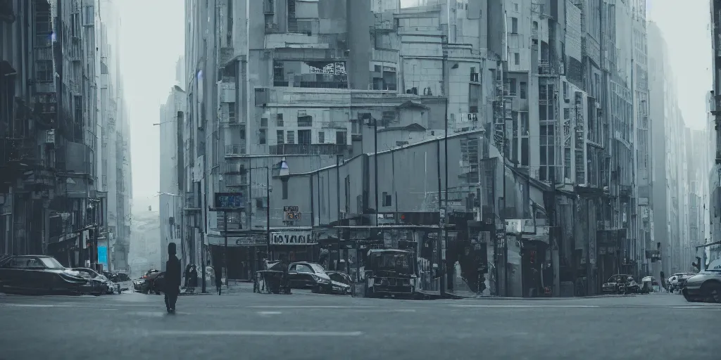 Prompt: city street, a person in center frame, future retro, cinematic, atmospheric, blue and grey tones, cinematography by greig fraser