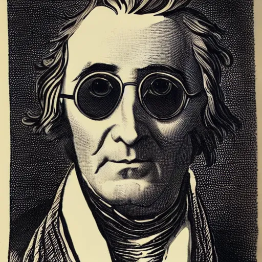Prompt: Portrait of Thomas Paine with cool sunglasses, Ink Block print