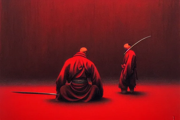 Image similar to only with red, a red samurai harakiri, tokio, a lot of frogs watch, in the style of beksinski, parts by edward hopper, parts by rodcenko, parts by yue minjun, intricate and epic composition, red by caravaggio, insanely quality, highly detailed, masterpiece, red light, artstation, 4 k