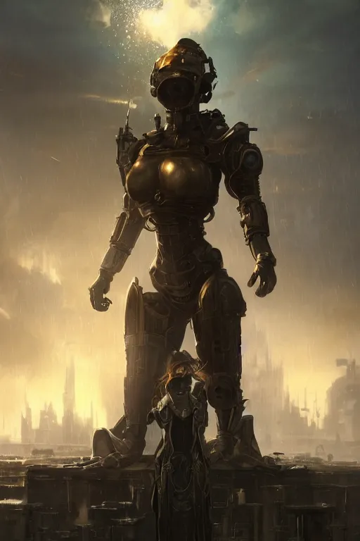 Image similar to a portrait of a small women wearing sci-fi armour standing in the foreground of a steampunk city by Greg Rutkowski, Sung Choi, Mitchell Mohrhauser, Maciej Kuciara, Johnson Ting, Maxim Verehin, Peter Konig, final fantasy , mythical, 8k photorealistic, cinematic lighting, HD, high details, atmospheric,