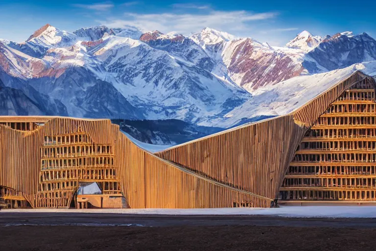 Image similar to architecture photo modern wooden fachwerk giant opera building settlement with Elbrus mountain on the background, architecture, photorealism 8k , shining and happy atmosphere, uplight, high details