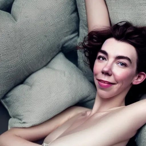 Image similar to stunning photo of dark - haired goddess vanessa kirby smiling, laying back on a pillow, with white tears running down her face, a beautiful closeup, wet lips, perfect eyes, insanely detailed, elegant, by mucha, wlop, rutkowski, livia prima