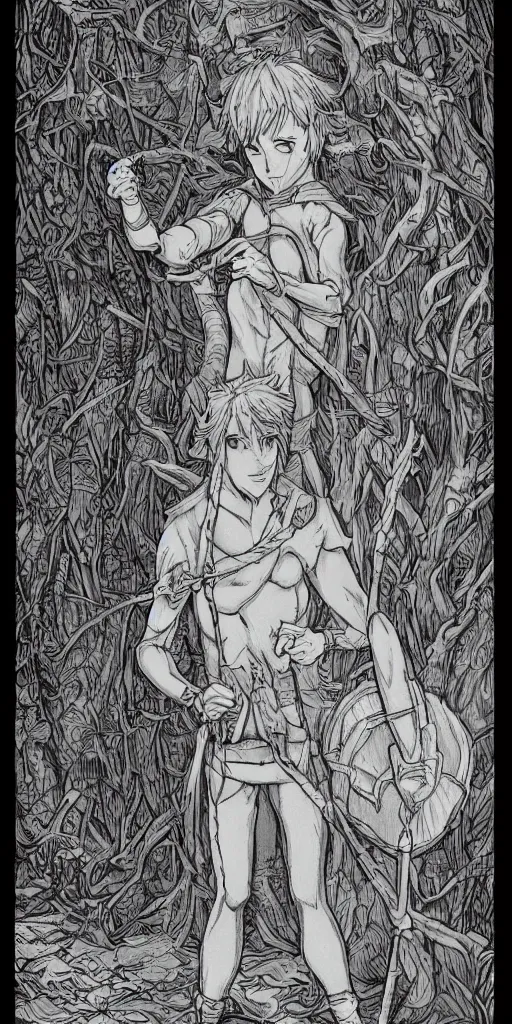 Image similar to an wood elf boy getting ready for an high fantasy adventure on the mountain side, anime style, tarot card, Tarot card the fool, intricate detail, fine line work