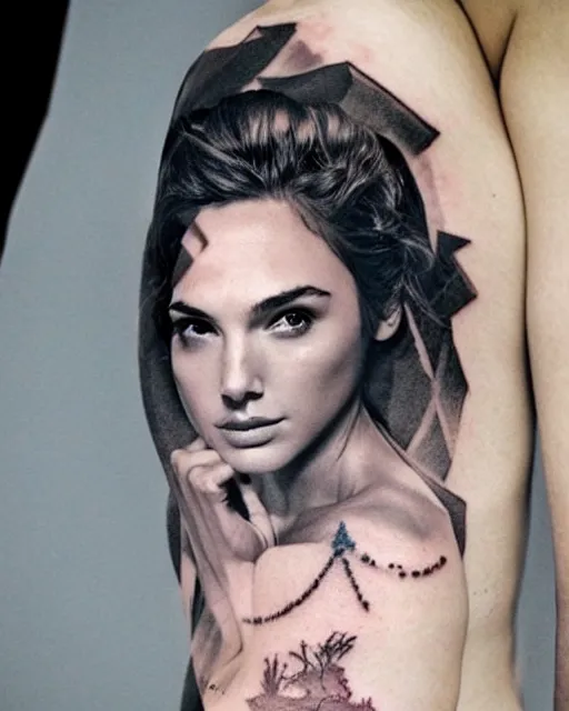 Image similar to creative double exposure effect tattoo design sketch of beautiful gal gadot faded with beautiful mountain scenery, realism tattoo, in the style of matteo pasqualin, amazing detail, sharp