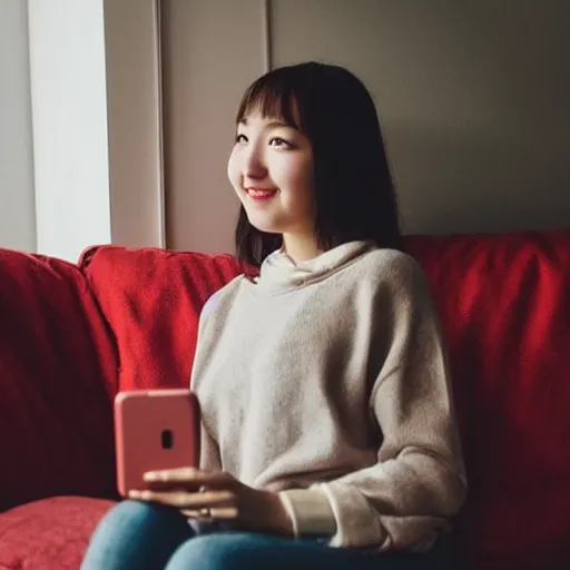 Prompt: selfie photograph of a cute young woman, red blush, wearing casual clothes, small smile, relaxing on a couch, cozy living room, medium shot, 8 k, trending on instagram, trending on pinterest, portra 4 0 0