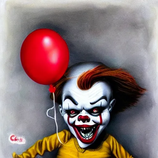 Prompt: grunge cartoon painting of chucky with a wide smile and a red balloon by chris leib, loony toons style, pennywise style, horror theme, detailed, elegant, intricate