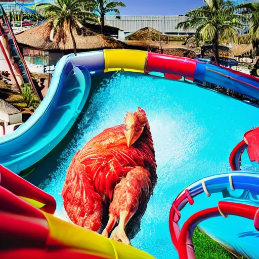 Image similar to photo of an enormous raw chicken emerging from the bottom of a waterslide at a water park on a sunny day in the style of a coca cola ad