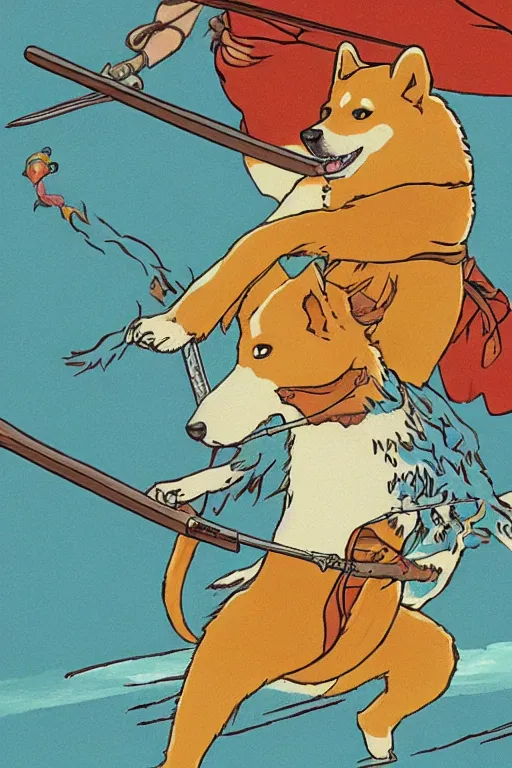 Image similar to a highly detailed portait of a shiba inu fighting a japanese folklore god with a sword in its mouth, in the style of studio ghibli, studio ghibli palette, 8 k