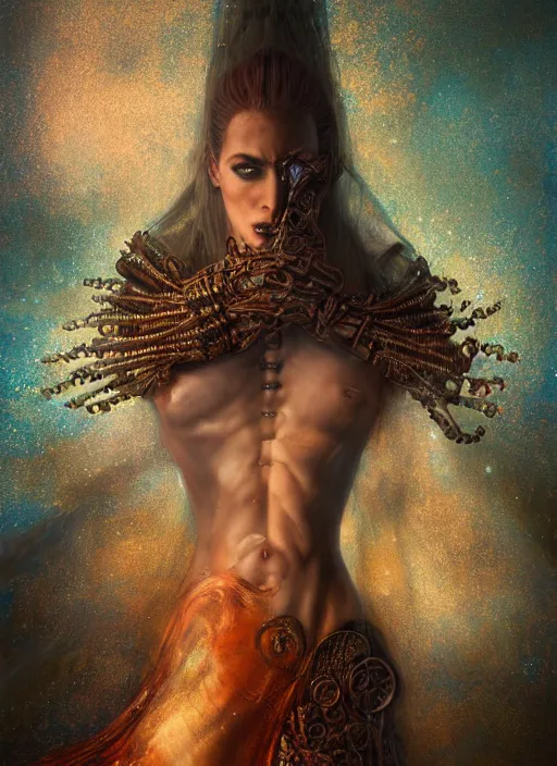 Image similar to epic portrait of menacing and agitated yet stunningly beautiful biomechanical djinn the unwilling god of creation overseeing the iridescent fabric of the universe, by charlie bowater, mandy jurgens, gustav klimt, octane render, dramatic camera angle, 4k, 8k, high detail, HDR, by tom bagshaw, powerful, with inspiration from Beksinski, inspired by greek goddess Athena