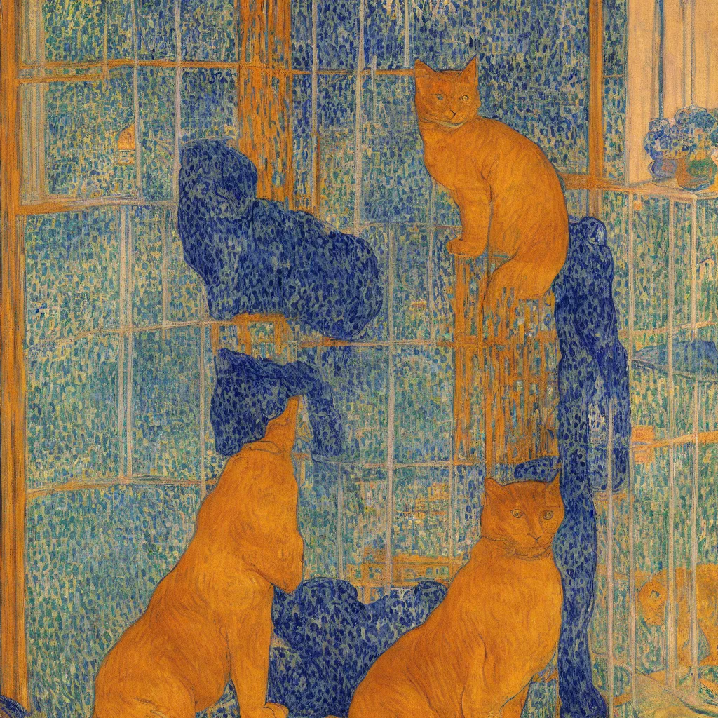 Image similar to woman and golden cat with italian city with gardens seen from a window frame with curtains. dark indigo blue, turquoise, gold, earth brown. sunset. bonnard, henri de toulouse - lautrec, utamaro, matisse, monet