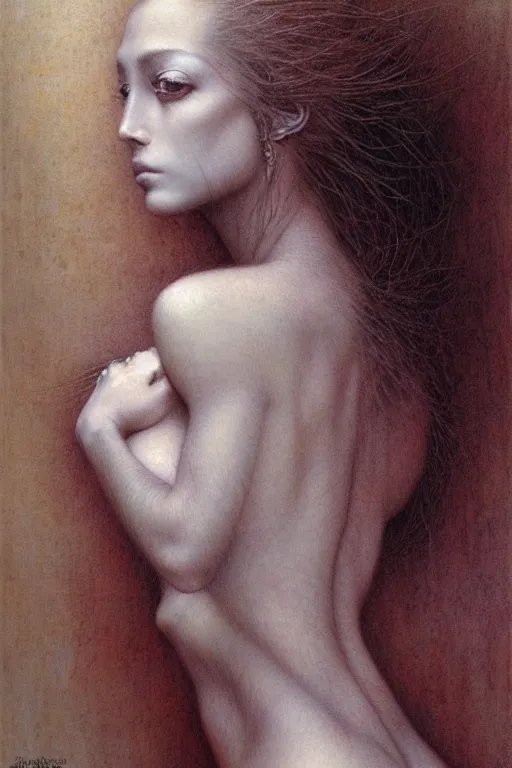 Image similar to portrait of young female, front view, black short hairs, tattoo, fantasy, intricate, jean delville, luis royo, beksinski