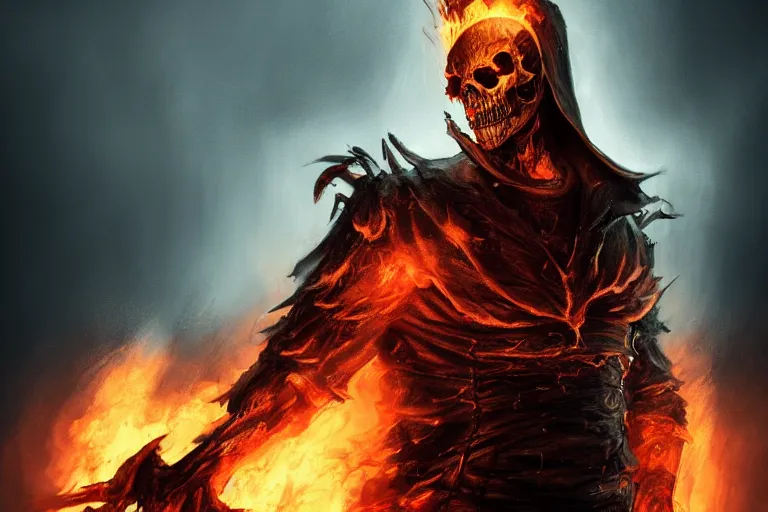 Image similar to Ghost Rider, flaming grim reaper, headshot photo, dark souls concept art, Feng Zhu concept art, dramatic lighting, highly stylized, trending on artstation, high-quality wallpaper, desktopography