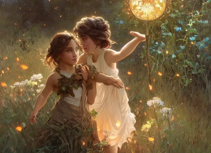 Prompt: A cute little girl with shoulder length curly brown hair and a cute little boy with short blonde hair dancing with fireflies, they are in the distance. beautiful fantasy art by By Artgerm and Greg Rutkowski and Alphonse Mucha, trending on artstation.