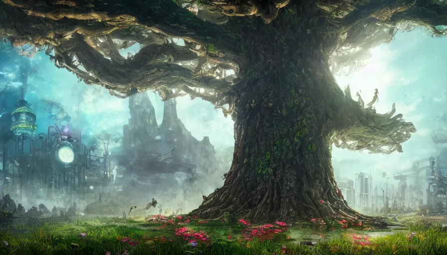 Prompt: ben lo illustration of the largest tree in the world under force field, bioshock concept art, solarpunk, hopeful, colorful, flowers, deity, unreal engine, hyper realism, realistic shading, cinematic composition, realistic render, octane render, detailed textures, photorealistic, wide shot