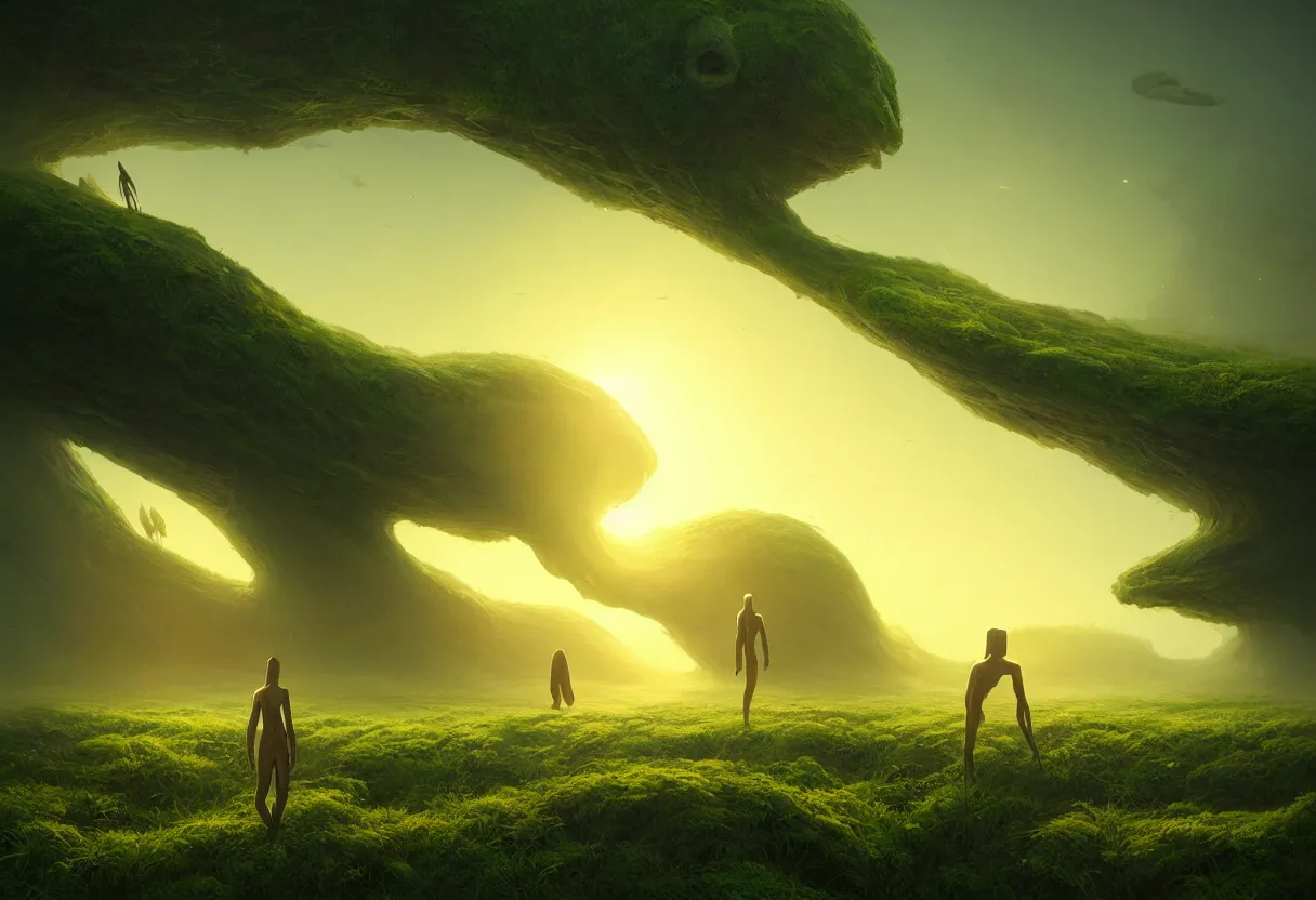 Image similar to strange creature emerging from surface of green summer planet at sunset, ultra high definition, ultra detailed, symmetry, fog, matte painting, by greg rutkowski and ross tran and wlop