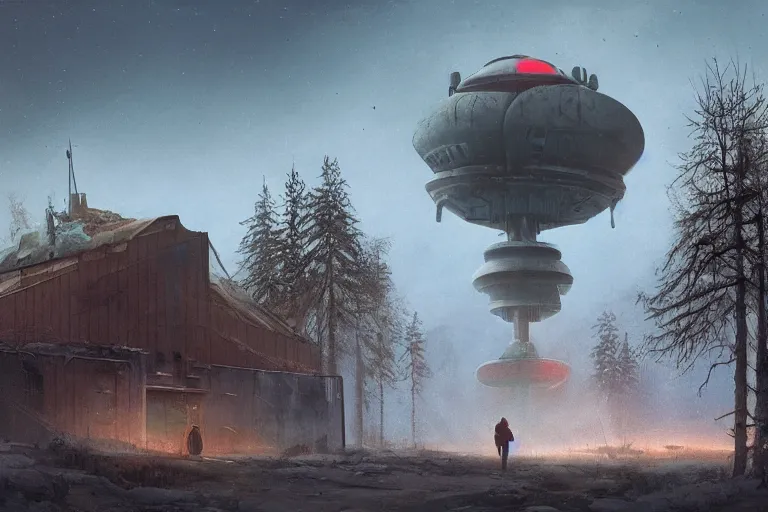 Prompt: a beautiful matte painting of a alien spaceship over the soviet village simon stalenhag and alan bean, trending on artstation, realistic rendering