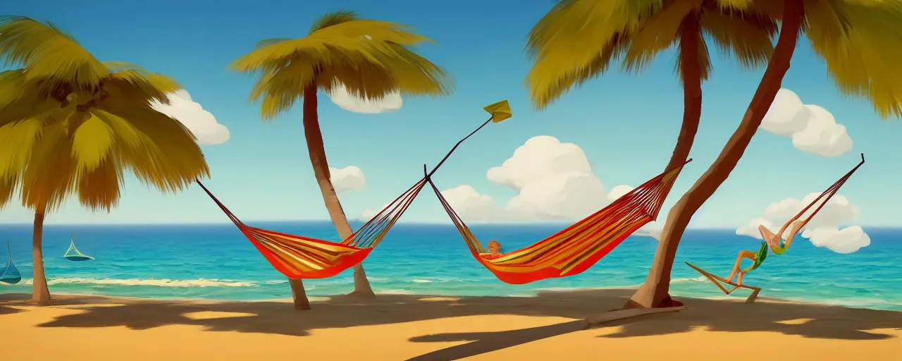 Prompt: goro fujita ilustration of a summer beach with palm tree and clouds and a hammock, painting by goro fujita, sharp focus, highly detailed, artstation