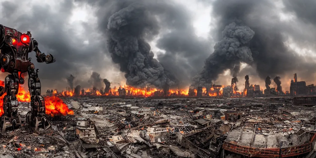 Image similar to wide angle photo, 1 8 mm canon 5 d mark 3, f 1 8, of a scary giant, metal machine pig robot : : 1. 5 looming huge over the buildings of a city on fire that is destroied, in the film style of a hollywood summer blockbuster movie