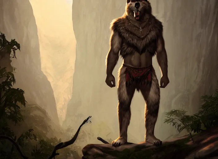 Prompt: burly tough character feature portrait of the anthro male anthropomorphic wolf fursona animal person wearing tribal primitive caveman loincloth outfit full wolf fur body standing in the entrance to the cave, head center framed character design stylized by charlie bowater, ross tran, artgerm, makoto shinkai, detailed, soft lighting, rendered in octane