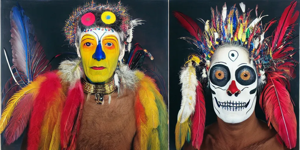 Image similar to ney matogrosso with paint on face, feathers, leather, lace, gold wings on head, tibetan skeleton dancer, painting by gottfried helnwein, leonora carrington