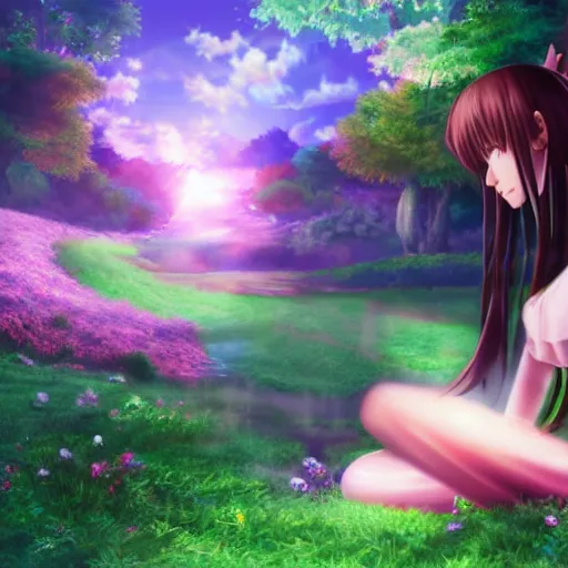 Prompt: photo realistic beautiful anime girl picking magic mushrooms fantasy land