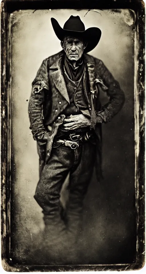 Image similar to a wet plate photograph, a portrait of an old cowboy