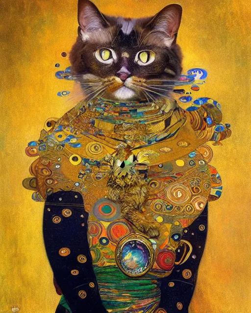 Image similar to adventurer cat portrait an oil painting splashes with many colors and shapes by gustav klimt greg rutkowski and alphonse mucha, polycount, generative art, psychedelic, fractalism, glitch art