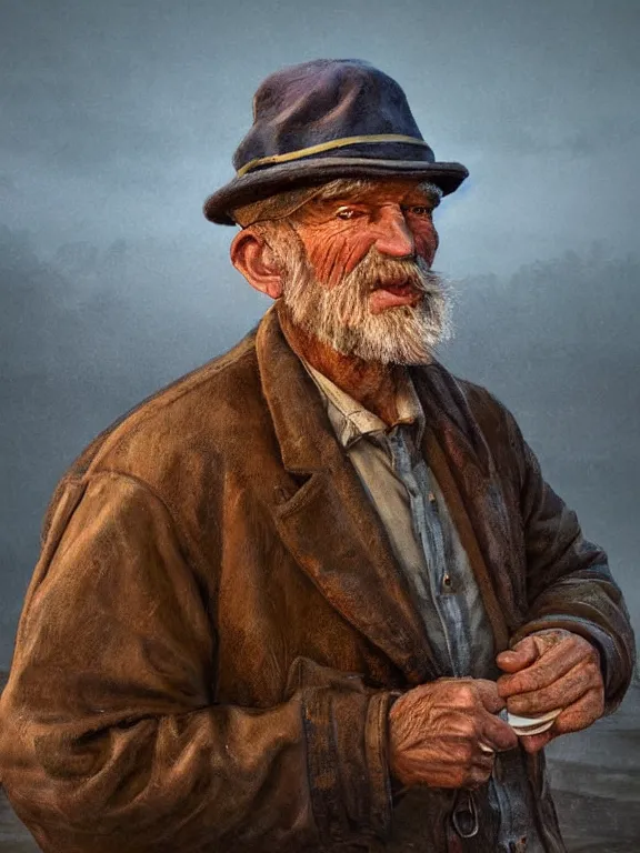 Prompt: realistic renderings portrait of very old fisher man portrait with a hat, port scene background, astonishing scenes, detailed, photorealism, volumetric lighting, autumn lights colors, ultra detailed