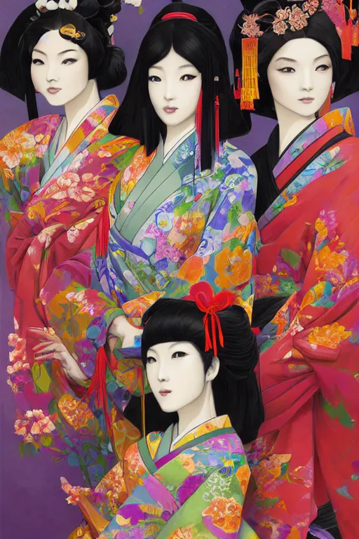 Image similar to a professional painting of 3 gorgeous Japanese Geisha girls, in brightly colored kimonos, long dark hair, beautiful bone structure, symmetrical facial features, intricate, elegant, digital painting, concept art, smooth, sharp focus, illustration, from StarCraft by Ruan Jia and Mandy Jurgens and Artgerm and William-Adolphe Bouguerea, epic, stunning, gorgeous, intricate detail, much wow, 4K, masterpiece, trending on artstation