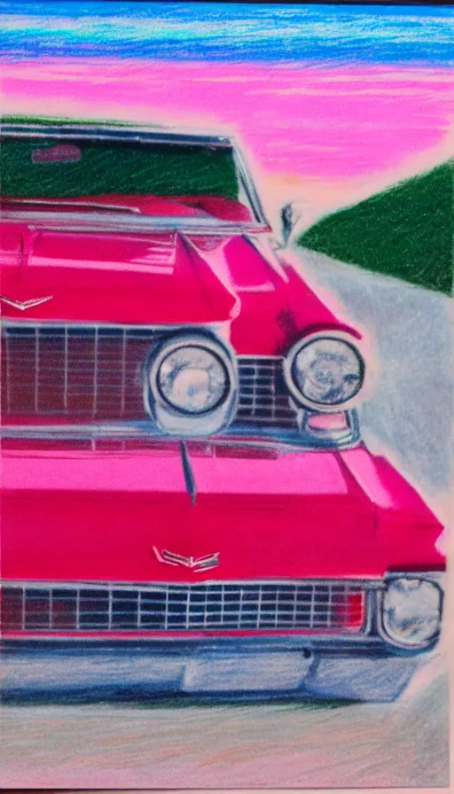 Image similar to polaroid of a 1 9 6 3 red cadillac convertible in the distance driving down empty highway into a pink sunrise, oil pastel, high detail, realistic, vintage