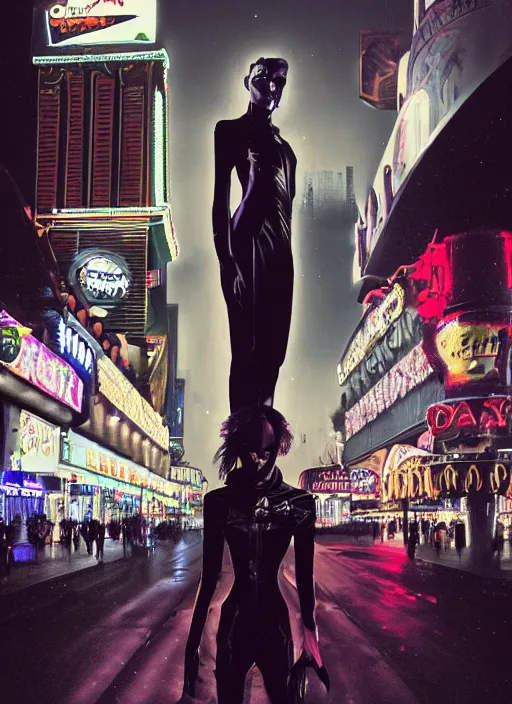 Prompt: 35mm photograph of a darkwave vampire on the Las Vegas strip at night by tomer hanuka and tom bagshaw, cinematic, hyper realism, high detail, octane render, 8k, trending on artstation, CGsociety, concept art, kodak portra