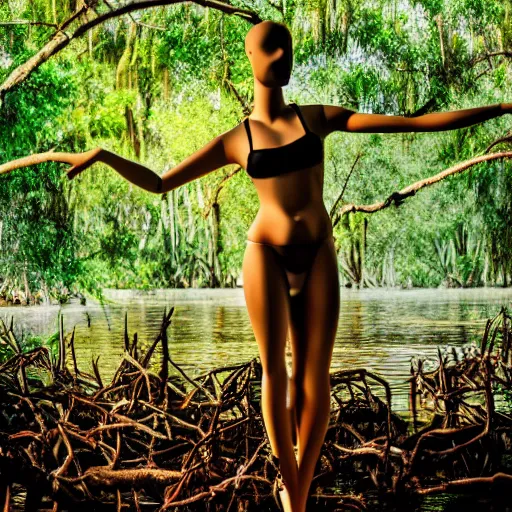 Prompt: a mannequin dancer in a mangrove swamp, cinematic light, beautiful dreamy lighting,