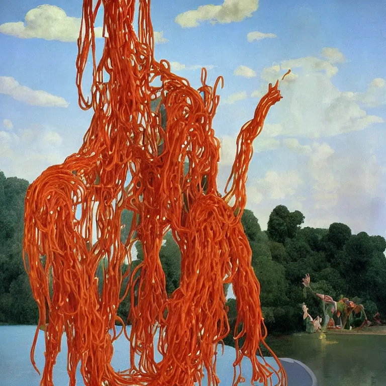 Prompt: A Monumental Public Sculpture of a Thumbs Up made out of Gummy Spaghetti on a pedestal by the lake, surreal oil painting by John Singer Sargent and Maxfield Parrish and Max Ernst shocking detail hyperrealistic studio lighting