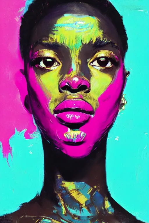 Image similar to portrait of a stylized african young lady, painted in acrylic, pigment textures, wet paint, in the colors hot pink and cyan, beautiful realistic face, rule of thirds, spotlight, by greg rutkowski, by jeremy mann, by francoise nielly, by van gogh, by ross tran, in focus