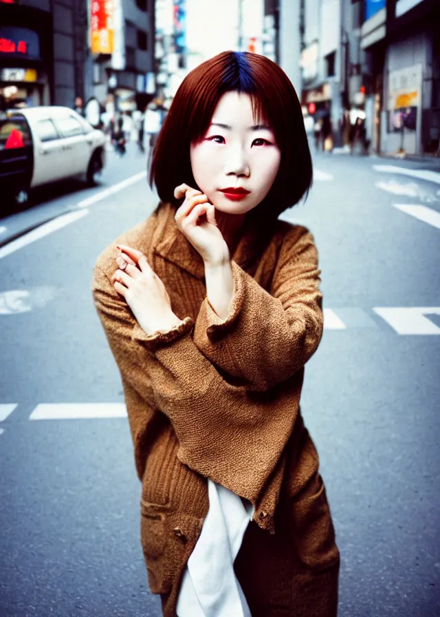 Image similar to a portrait street photograph shot on cinestill 5 0 d of a japanese woman in 9 0 s fashion with modest make up, hair died to a hazelnut brown, shot in shibuya tokyo on a 3 5 mm at f / 2. 8 and 1 / 1 2 0 0 shutter speed, print magazine quality, nostalgia, 8 k