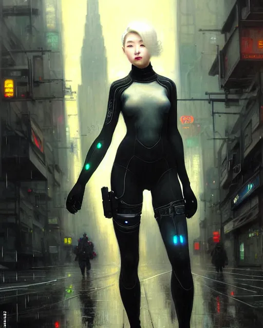 Image similar to beautiful portrait of kang seul - gi, ultra white hair, android, in rainy city street, cyberpunk, wearing tactical gear, by gaston bussiere, craig mullins, j. c. leyendecker, gustav klimt, artgerm, greg rutkowski