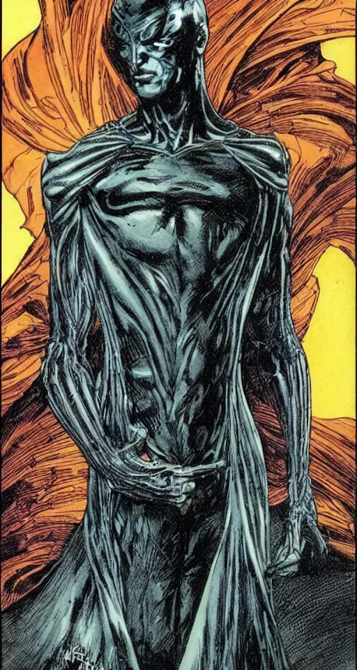 Prompt: dc comics the sandman character morpheus designed by hr giger moebius