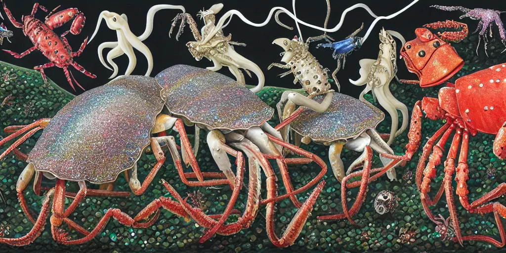 Prompt: imaginary animals, squid, horse, lobster, turtles by raqib shaw, made from oil metallic paint glitter rhinestones and graphite on white paper,