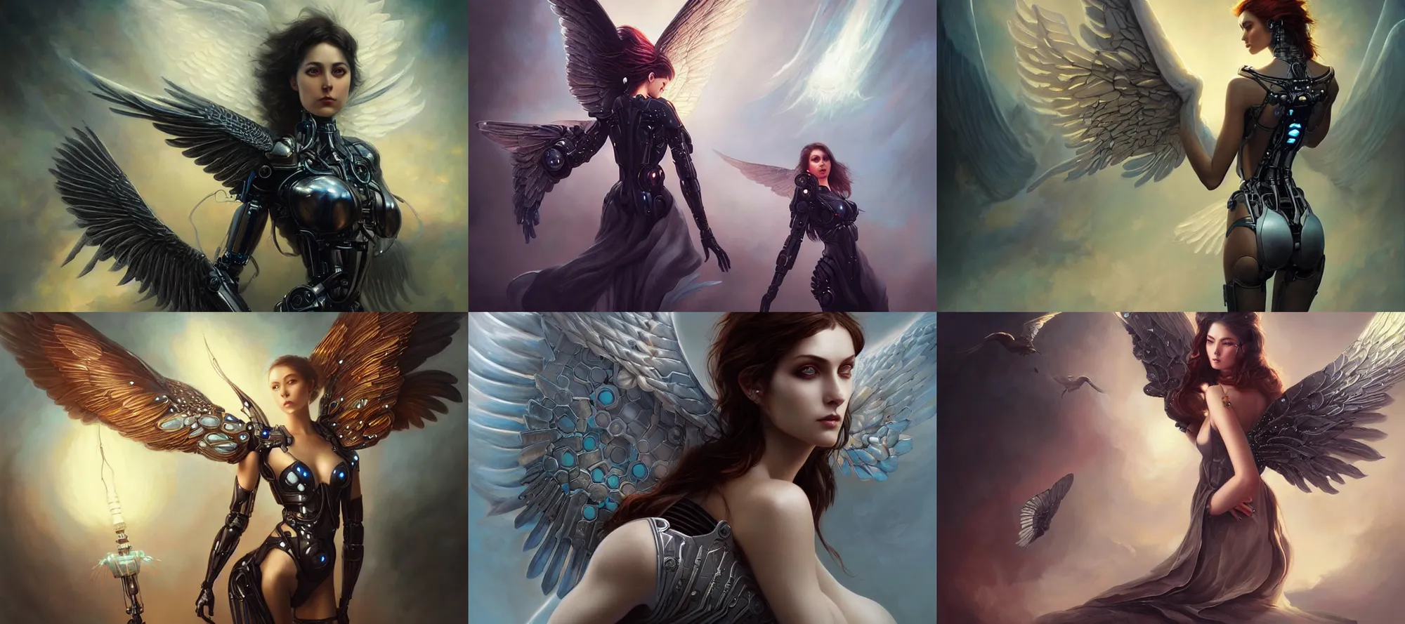 Prompt: a beautiful woman with cybernetic wings on her back, painted by artgerm and tom bagshaw, fantasy art, dramatic lighting, highly detailed oil painting