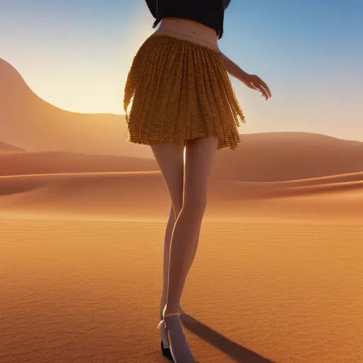 Prompt: innovative avant-garde art, deco fashion, asian women, wearing skirt, highly detailed, photo-realistic portrait, serene desert setting, golden hour, crisp quality and light reflections, unreal engine 5 quality render